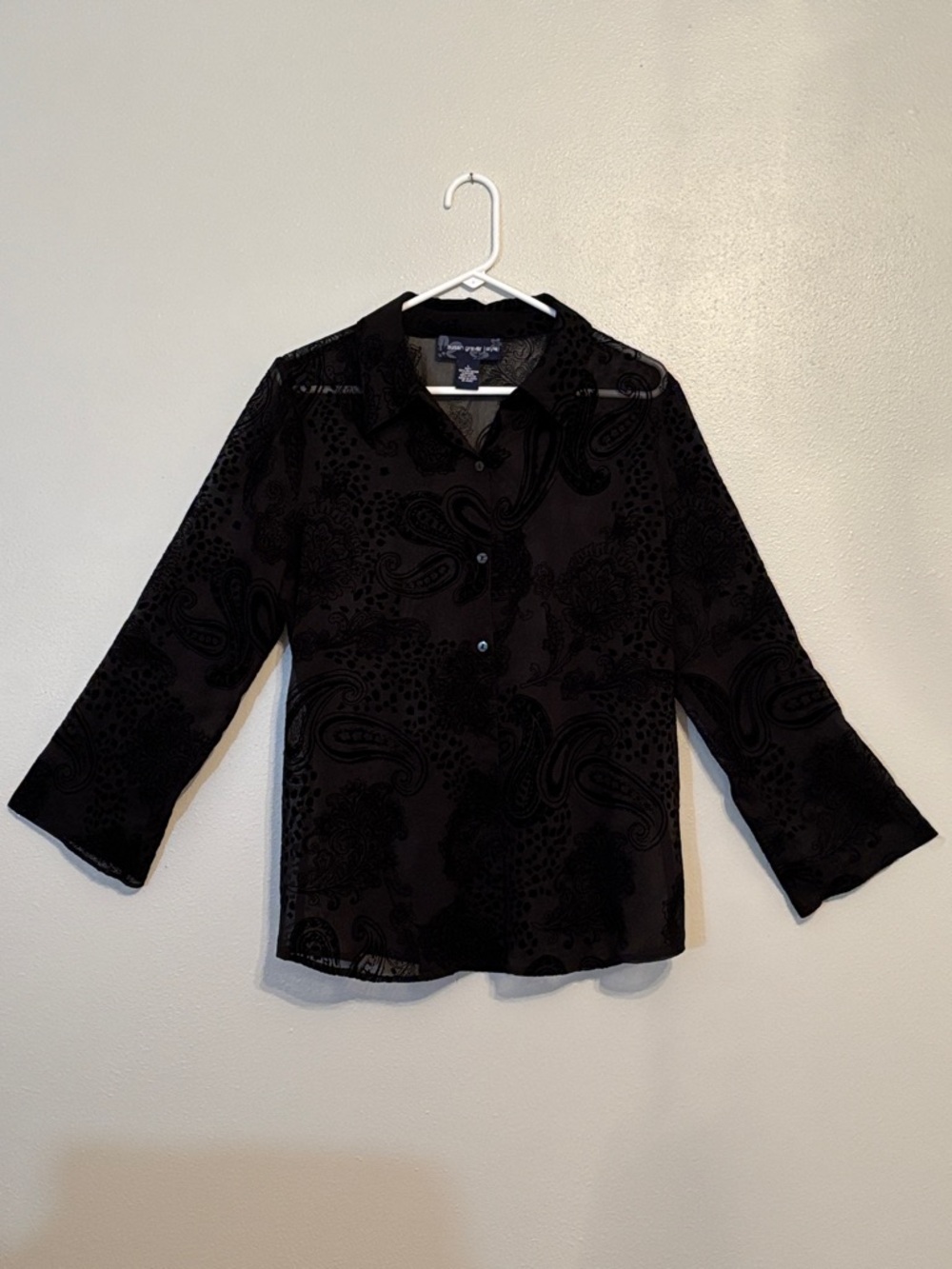 Susan‎ Graver Black Sheer Flocked Paisley Button-Front Blouse🖤size Large